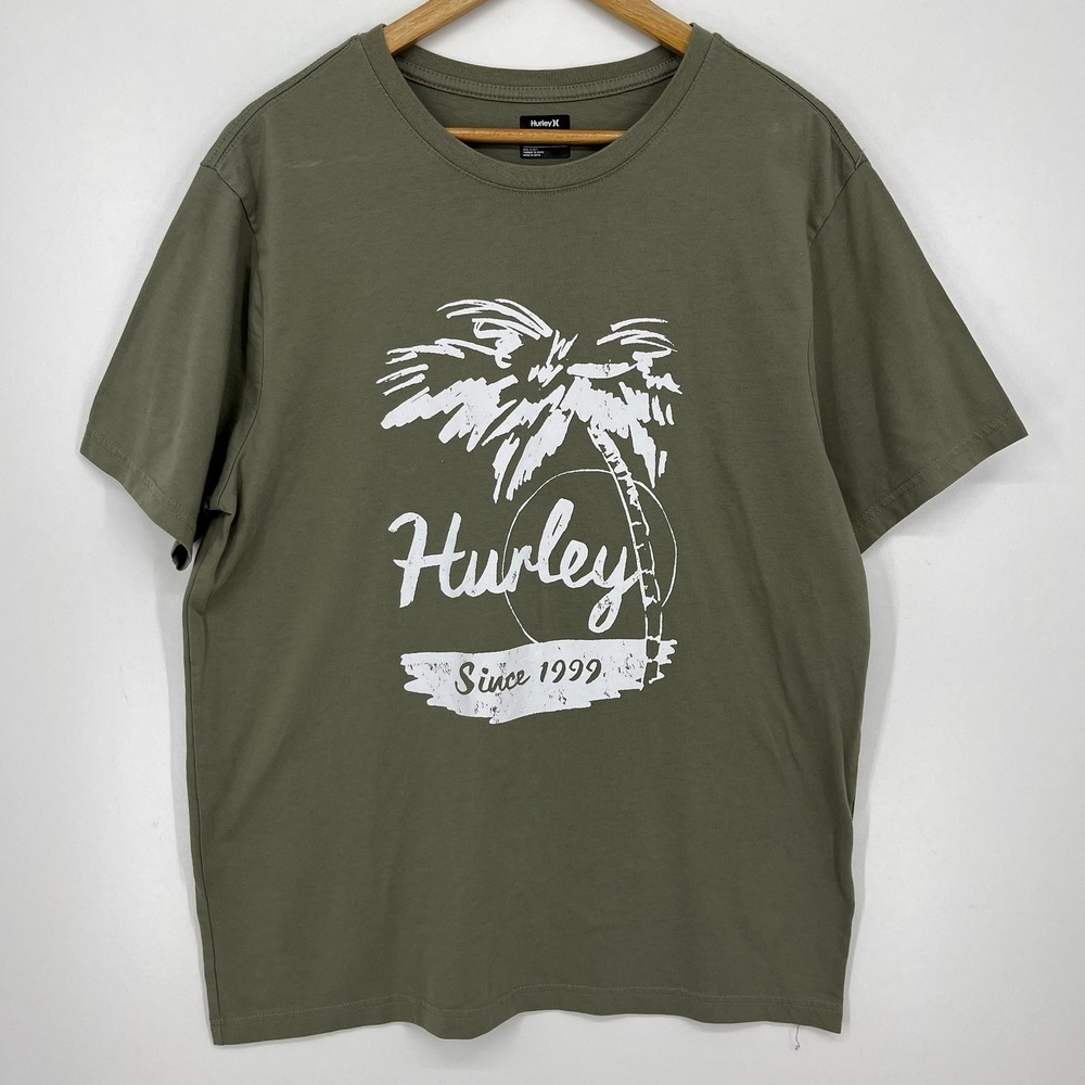 Hurley Mens Graphic T-Shirt Olive Green Palm‎ Tree Surf Tee Large Short Sleeve